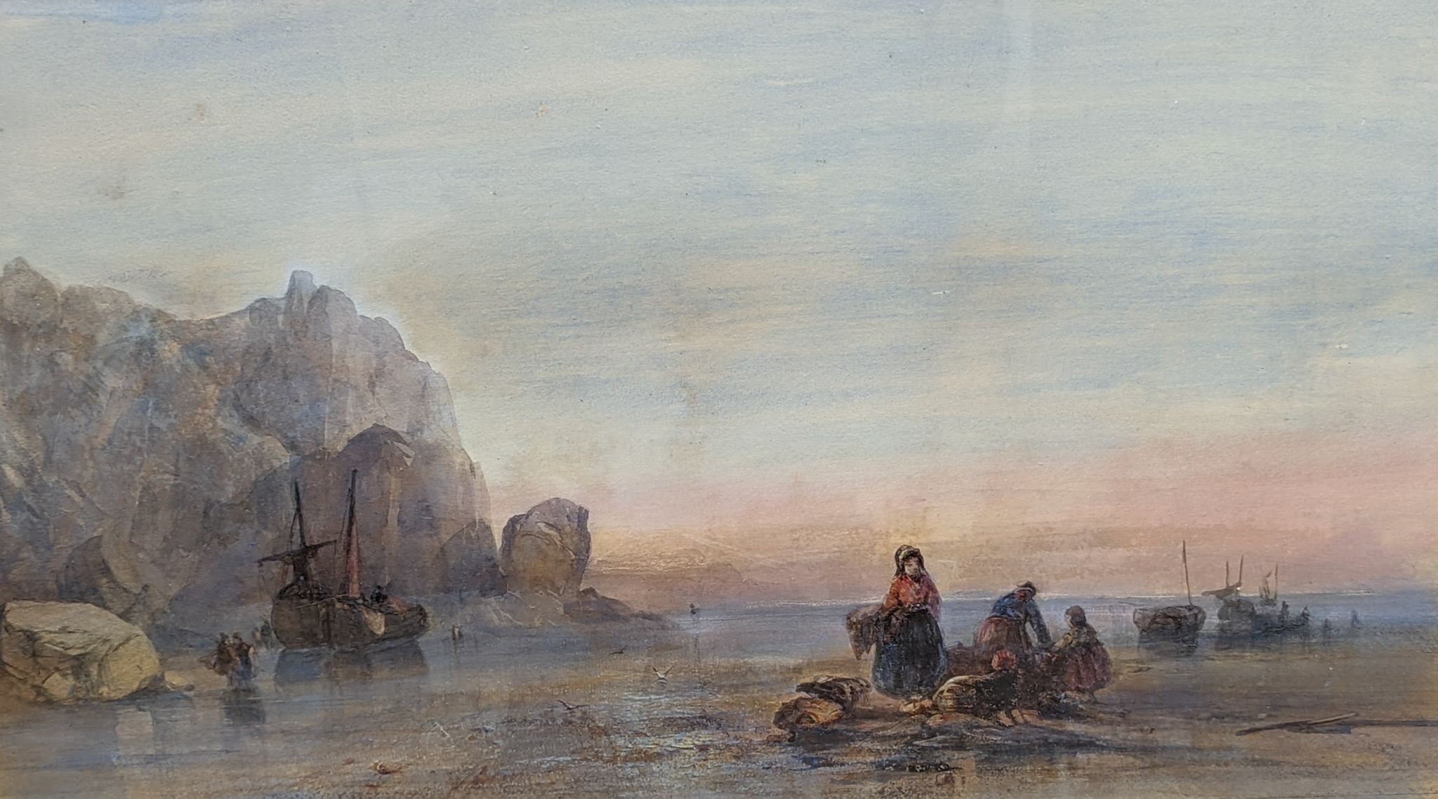 Henry Bright (1810-1873), watercolour, 'Coast scene, Evening', Agnews label verso, 30 x 53cm